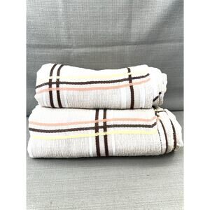 Vintage 1970s Sears Toughcord Twin Bedspread 76x110 Beige Brown Orange Stripe